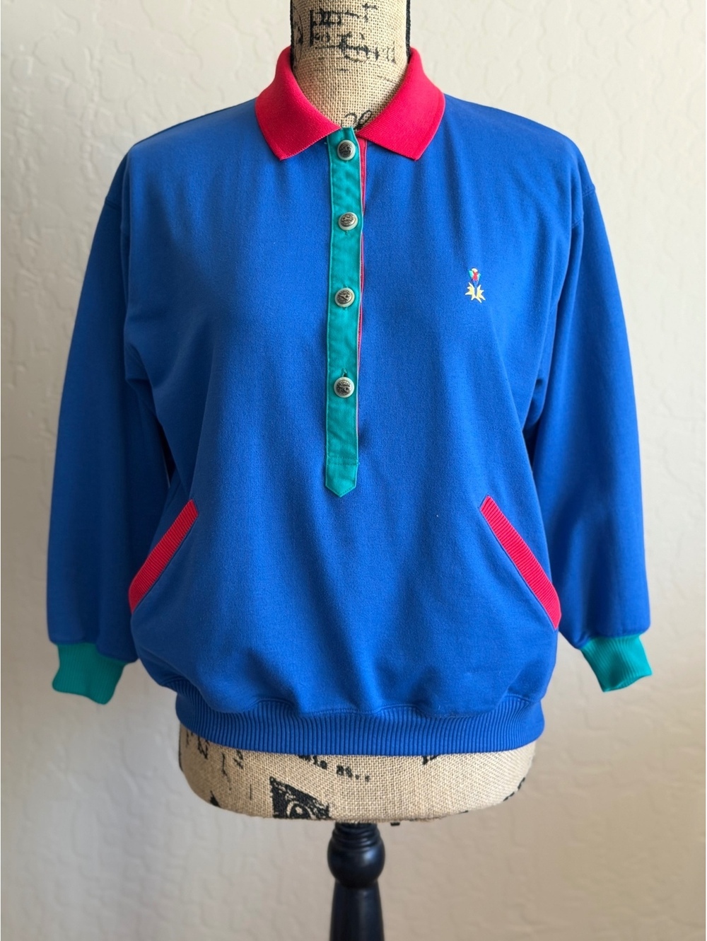 Vintage 80s 90s BLAST Petites Colorblock Polo Sweatshirt Womens M Blue Red Teal